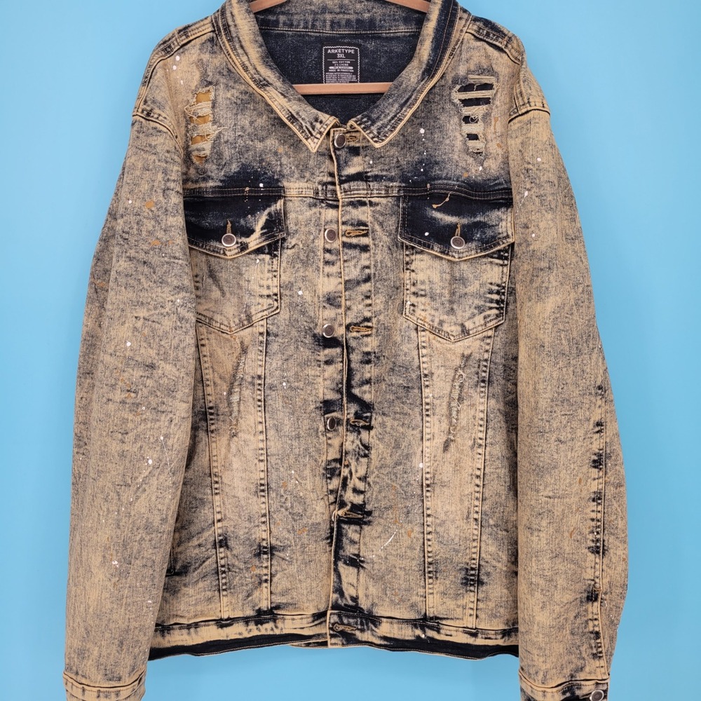 ARKETYPE Denim Jacket Mens 3XL Distressed Streetwear Acid Wash Paint Splatter